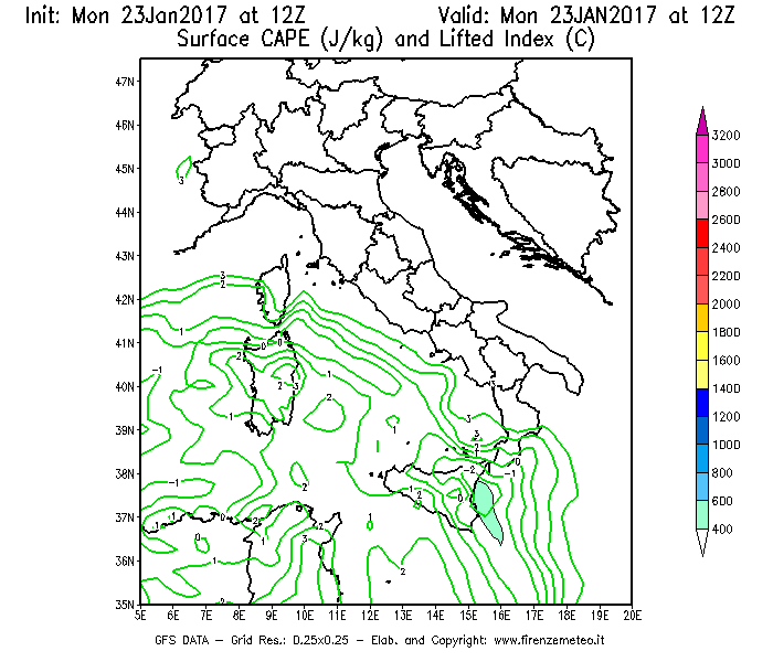 Mappa di analisi GFS - CAPE [J/kg] e Lifted Index [°C] in Italia
							del 23/01/2017 12 <!--googleoff: index-->UTC<!--googleon: index-->