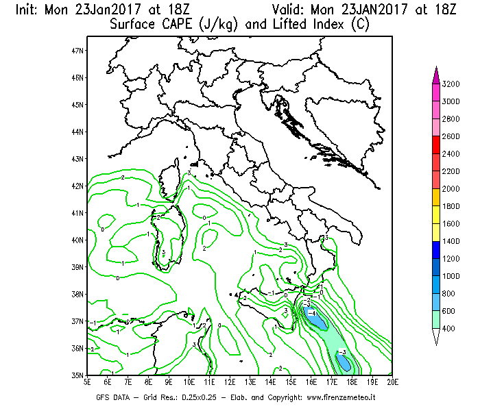 Mappa di analisi GFS - CAPE [J/kg] e Lifted Index [°C] in Italia
							del 23/01/2017 18 <!--googleoff: index-->UTC<!--googleon: index-->