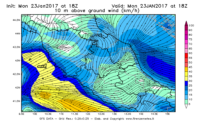Mappa di analisi GFS - Velocità del vento a 10 metri dal suolo [km/h] in Centro-Italia
							del 23/01/2017 18 <!--googleoff: index-->UTC<!--googleon: index-->