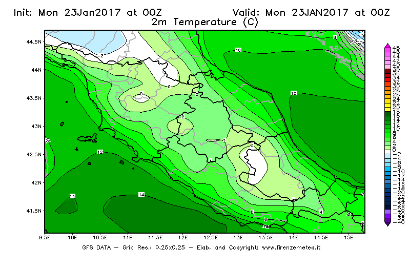 Mappa di analisi GFS - Temperatura a 2 metri dal suolo [°C] in Centro-Italia
							del 23/01/2017 00 <!--googleoff: index-->UTC<!--googleon: index-->