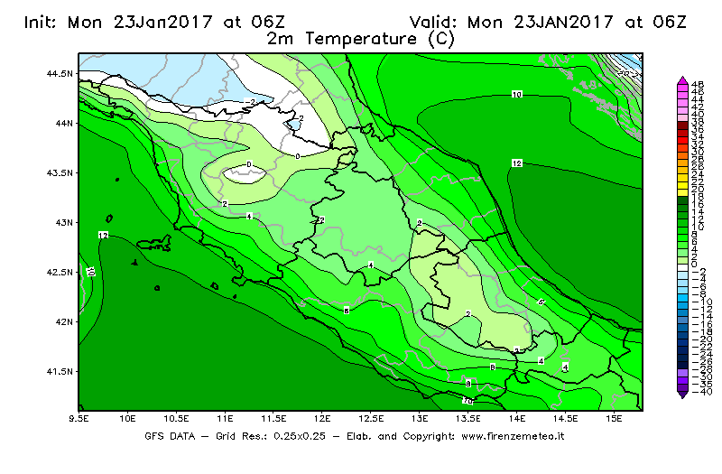 Mappa di analisi GFS - Temperatura a 2 metri dal suolo [°C] in Centro-Italia
							del 23/01/2017 06 <!--googleoff: index-->UTC<!--googleon: index-->