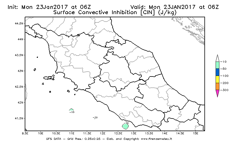 Mappa di analisi GFS - CIN [J/kg] in Centro-Italia
							del 23/01/2017 06 <!--googleoff: index-->UTC<!--googleon: index-->