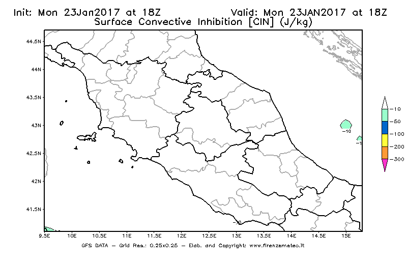 Mappa di analisi GFS - CIN [J/kg] in Centro-Italia
							del 23/01/2017 18 <!--googleoff: index-->UTC<!--googleon: index-->