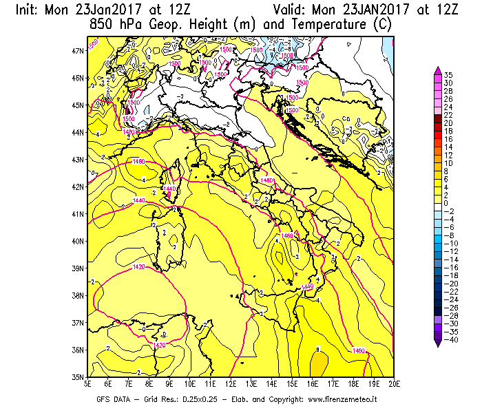 Mappa di analisi GFS - Geopotenziale [m] e Temperatura [°C] a 850 hPa in Italia
							del 23/01/2017 12 <!--googleoff: index-->UTC<!--googleon: index-->