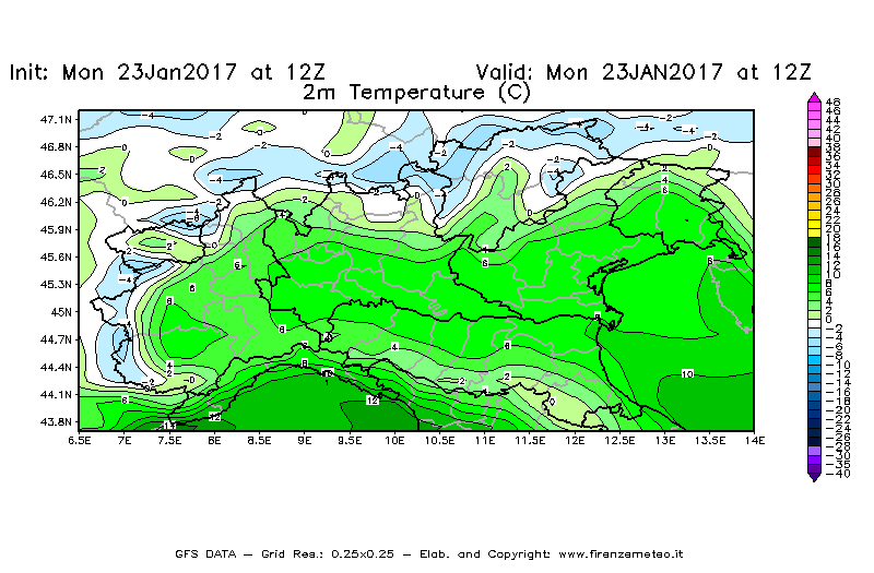 Mappa di analisi GFS - Temperatura a 2 metri dal suolo [°C] in Nord-Italia
							del 23/01/2017 12 <!--googleoff: index-->UTC<!--googleon: index-->