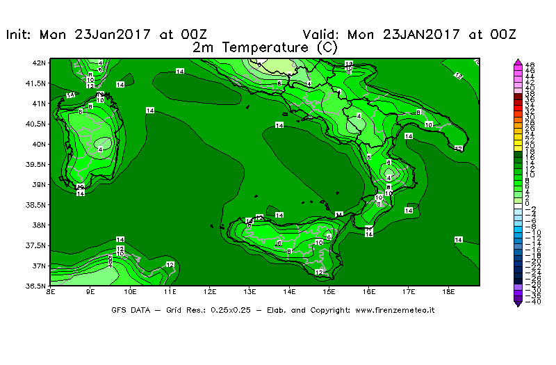 Mappa di analisi GFS - Temperatura a 2 metri dal suolo [°C] in Sud-Italia
							del 23/01/2017 00 <!--googleoff: index-->UTC<!--googleon: index-->