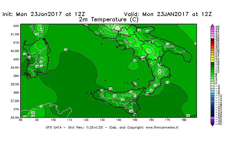Mappa di analisi GFS - Temperatura a 2 metri dal suolo [°C] in Sud-Italia
							del 23/01/2017 12 <!--googleoff: index-->UTC<!--googleon: index-->