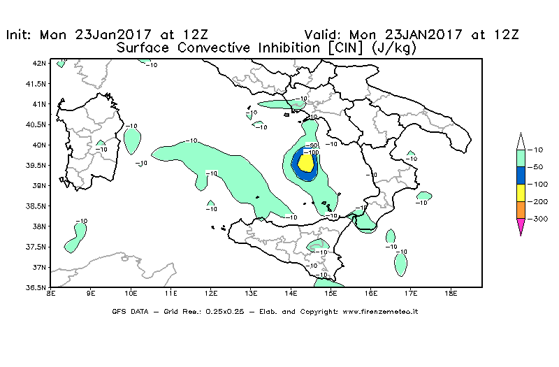 Mappa di analisi GFS - CIN [J/kg] in Sud-Italia
							del 23/01/2017 12 <!--googleoff: index-->UTC<!--googleon: index-->