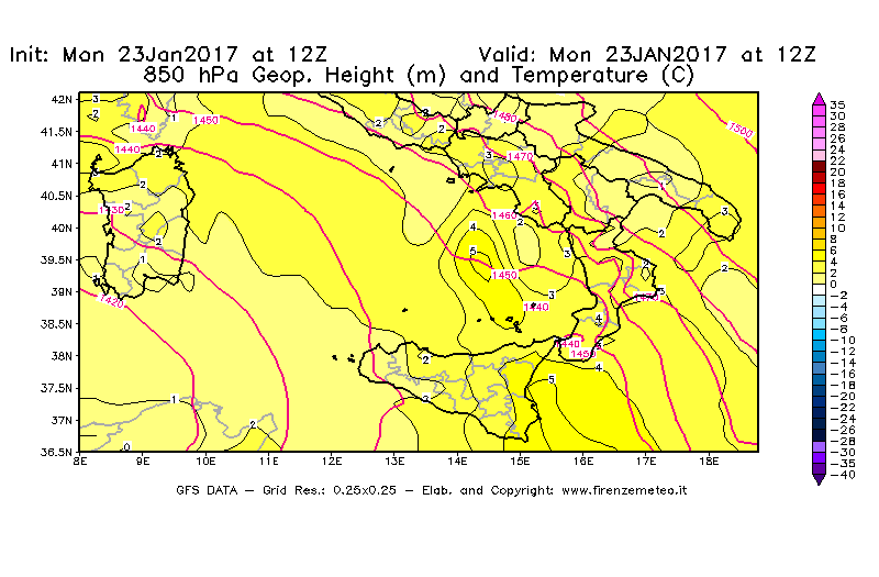 Mappa di analisi GFS - Geopotenziale [m] e Temperatura [°C] a 850 hPa in Sud-Italia
							del 23/01/2017 12 <!--googleoff: index-->UTC<!--googleon: index-->
