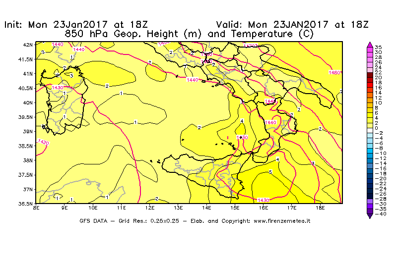 Mappa di analisi GFS - Geopotenziale [m] e Temperatura [°C] a 850 hPa in Sud-Italia
							del 23/01/2017 18 <!--googleoff: index-->UTC<!--googleon: index-->