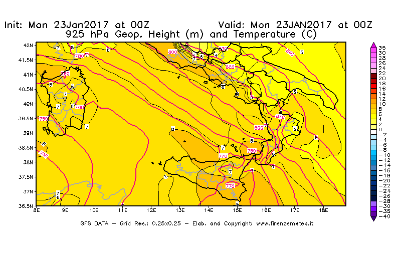 Mappa di analisi GFS - Geopotenziale [m] e Temperatura [°C] a 925 hPa in Sud-Italia
							del 23/01/2017 00 <!--googleoff: index-->UTC<!--googleon: index-->
