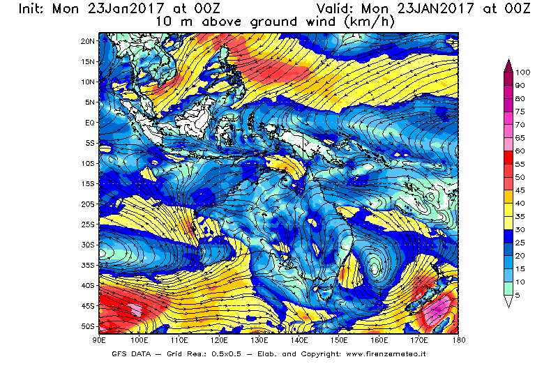 Mappa di analisi GFS - Velocità del vento a 10 metri dal suolo [km/h] in Oceania
							del 23/01/2017 00 <!--googleoff: index-->UTC<!--googleon: index-->