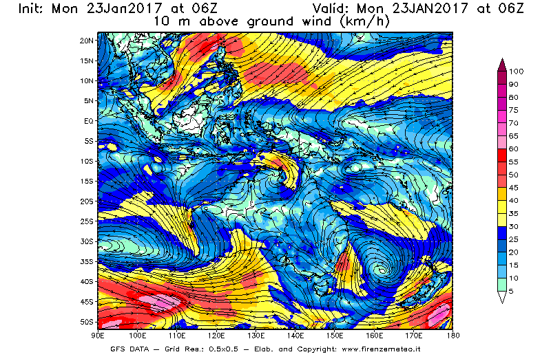 Mappa di analisi GFS - Velocità del vento a 10 metri dal suolo [km/h] in Oceania
							del 23/01/2017 06 <!--googleoff: index-->UTC<!--googleon: index-->
