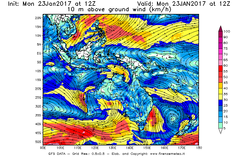 Mappa di analisi GFS - Velocità del vento a 10 metri dal suolo [km/h] in Oceania
							del 23/01/2017 12 <!--googleoff: index-->UTC<!--googleon: index-->