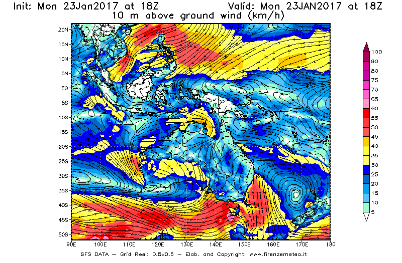 Mappa di analisi GFS - Velocità del vento a 10 metri dal suolo [km/h] in Oceania
							del 23/01/2017 18 <!--googleoff: index-->UTC<!--googleon: index-->