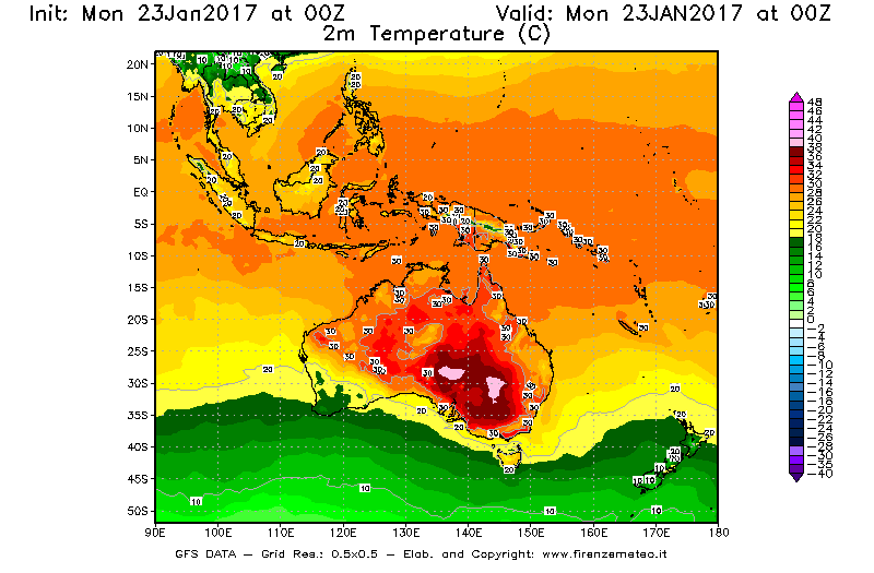 Mappa di analisi GFS - Temperatura a 2 metri dal suolo [°C] in Oceania
							del 23/01/2017 00 <!--googleoff: index-->UTC<!--googleon: index-->