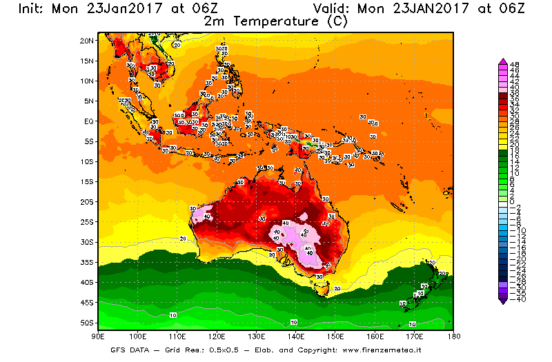 Mappa di analisi GFS - Temperatura a 2 metri dal suolo [°C] in Oceania
							del 23/01/2017 06 <!--googleoff: index-->UTC<!--googleon: index-->