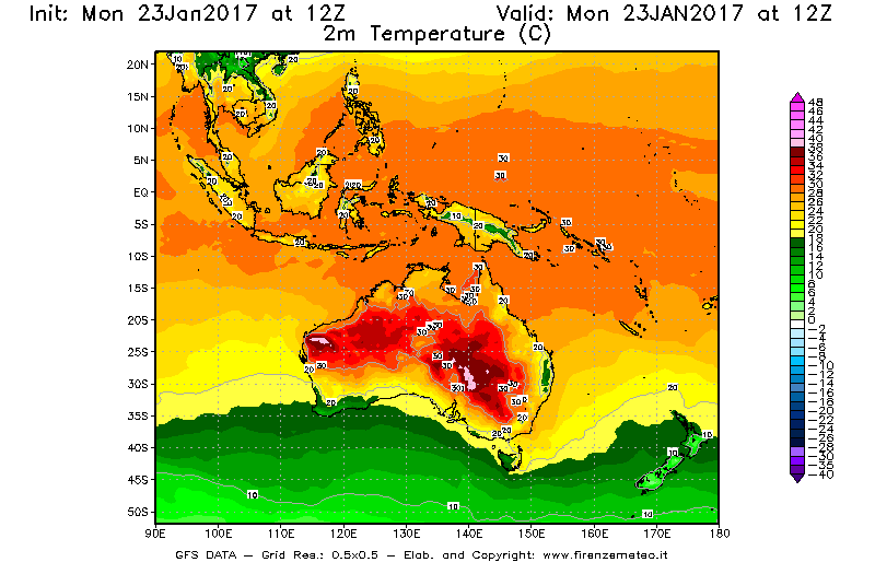 Mappa di analisi GFS - Temperatura a 2 metri dal suolo [°C] in Oceania
							del 23/01/2017 12 <!--googleoff: index-->UTC<!--googleon: index-->