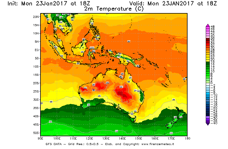 Mappa di analisi GFS - Temperatura a 2 metri dal suolo [°C] in Oceania
							del 23/01/2017 18 <!--googleoff: index-->UTC<!--googleon: index-->