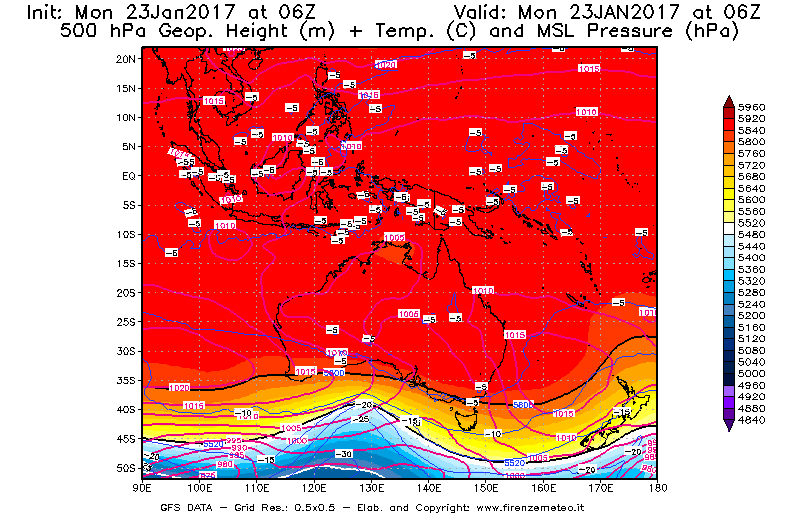 Mappa di analisi GFS - Geopotenziale [m] + Temp. [°C] a 500 hPa + Press. a livello del mare [hPa] in Oceania
							del 23/01/2017 06 <!--googleoff: index-->UTC<!--googleon: index-->