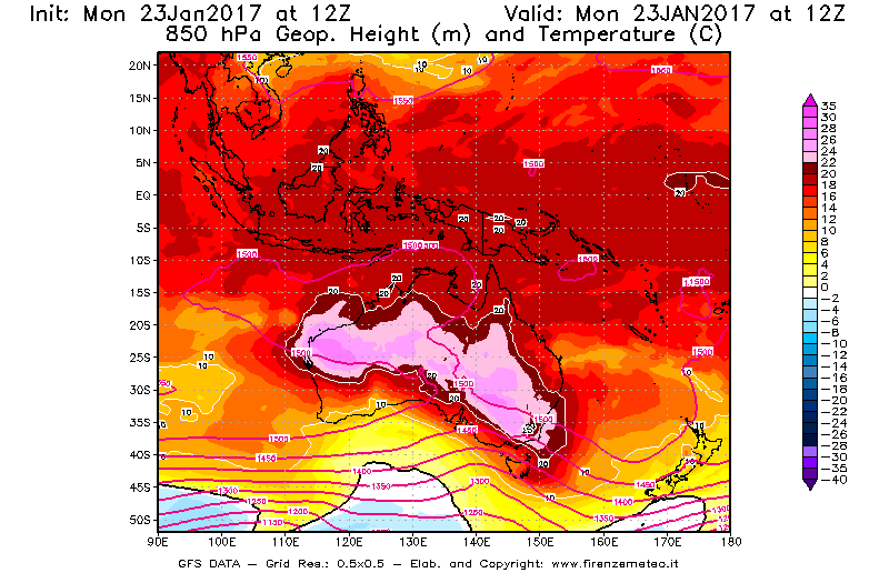 Mappa di analisi GFS - Geopotenziale [m] e Temperatura [°C] a 850 hPa in Oceania
							del 23/01/2017 12 <!--googleoff: index-->UTC<!--googleon: index-->