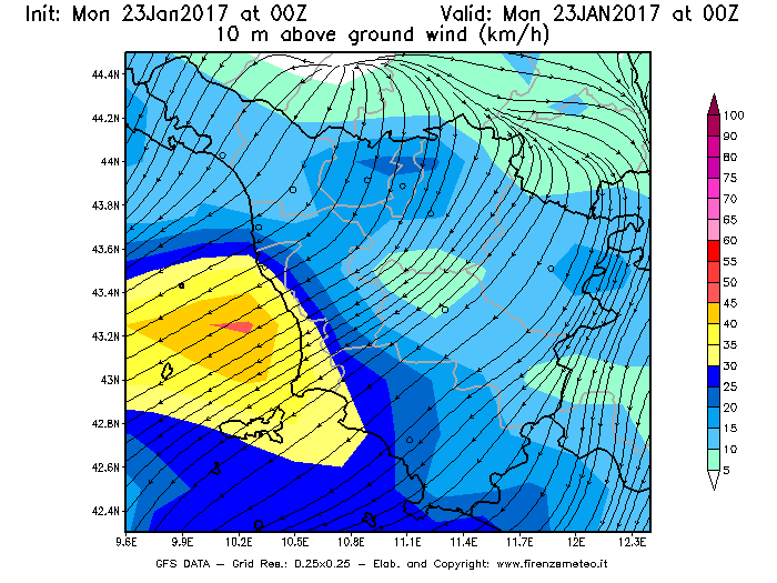 Mappa di analisi GFS - Velocità del vento a 10 metri dal suolo [km/h] in Toscana
							del 23/01/2017 00 <!--googleoff: index-->UTC<!--googleon: index-->