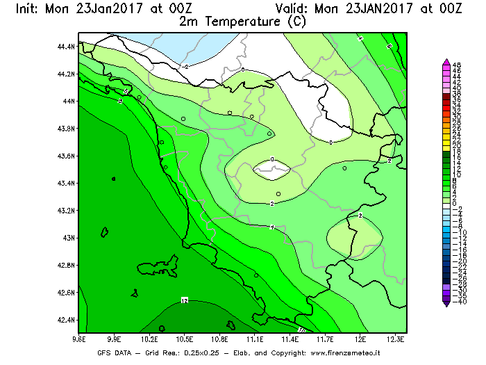Mappa di analisi GFS - Temperatura a 2 metri dal suolo [°C] in Toscana
							del 23/01/2017 00 <!--googleoff: index-->UTC<!--googleon: index-->