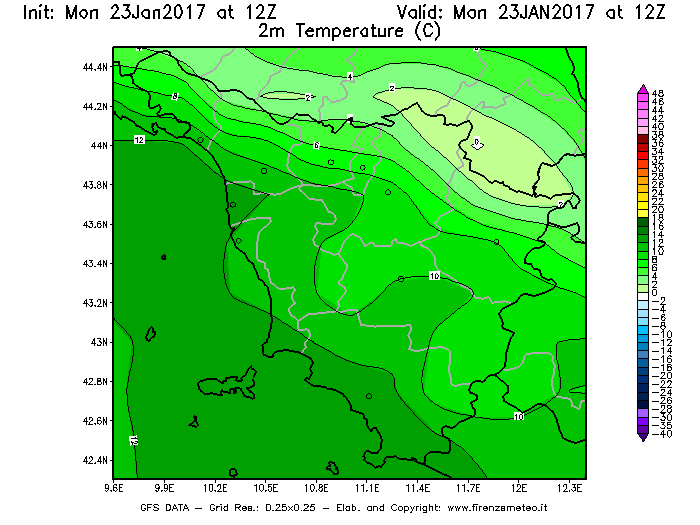 Mappa di analisi GFS - Temperatura a 2 metri dal suolo [°C] in Toscana
							del 23/01/2017 12 <!--googleoff: index-->UTC<!--googleon: index-->