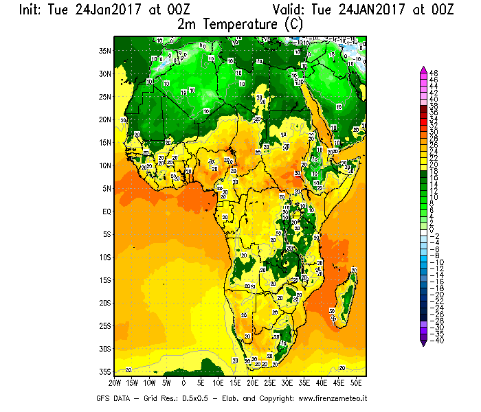 Mappa di analisi GFS - Temperatura a 2 metri dal suolo [°C] in Africa
									del 24/01/2017 00 <!--googleoff: index-->UTC<!--googleon: index-->