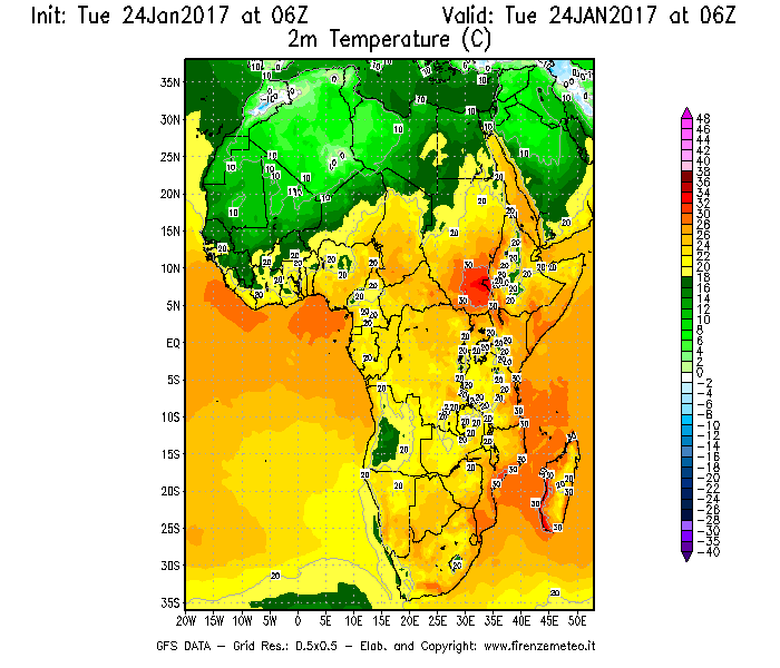 Mappa di analisi GFS - Temperatura a 2 metri dal suolo [°C] in Africa
							del 24/01/2017 06 <!--googleoff: index-->UTC<!--googleon: index-->
