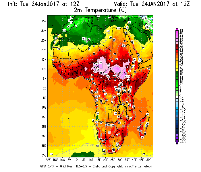 Mappa di analisi GFS - Temperatura a 2 metri dal suolo [°C] in Africa
							del 24/01/2017 12 <!--googleoff: index-->UTC<!--googleon: index-->
