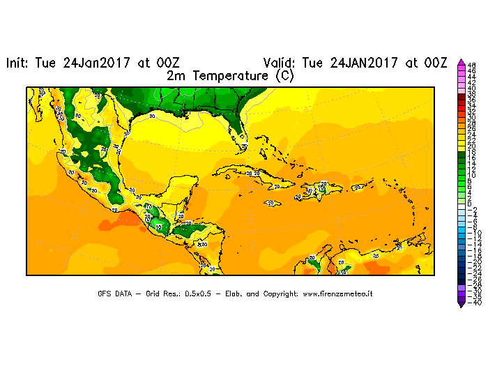 Mappa di analisi GFS - Temperatura a 2 metri dal suolo [°C] in Centro-America
							del 24/01/2017 00 <!--googleoff: index-->UTC<!--googleon: index-->