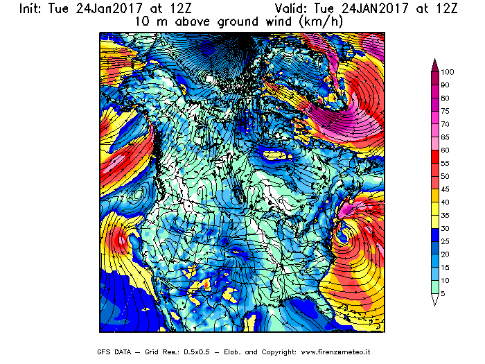 Mappa di analisi GFS - Velocità del vento a 10 metri dal suolo [km/h] in Nord-America
									del 24/01/2017 12 <!--googleoff: index-->UTC<!--googleon: index-->