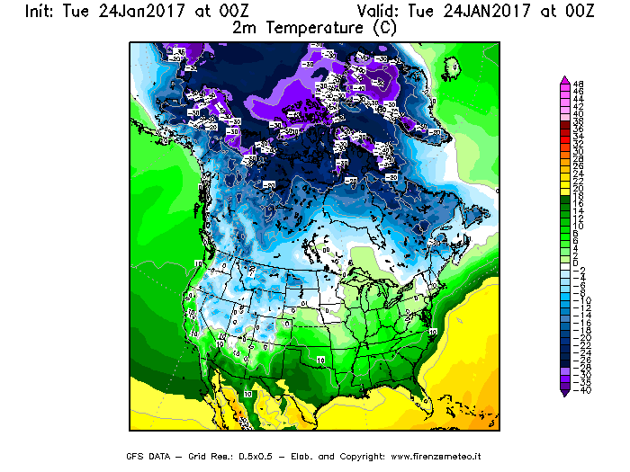 Mappa di analisi GFS - Temperatura a 2 metri dal suolo [°C] in Nord-America
							del 24/01/2017 00 <!--googleoff: index-->UTC<!--googleon: index-->