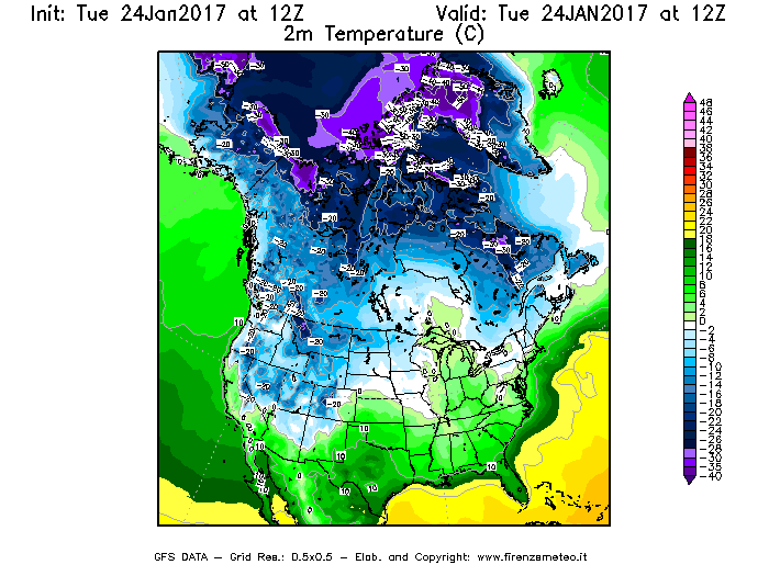 Mappa di analisi GFS - Temperatura a 2 metri dal suolo [°C] in Nord-America
							del 24/01/2017 12 <!--googleoff: index-->UTC<!--googleon: index-->