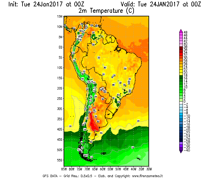 Mappa di analisi GFS - Temperatura a 2 metri dal suolo [°C] in Sud-America
									del 24/01/2017 00 <!--googleoff: index-->UTC<!--googleon: index-->
