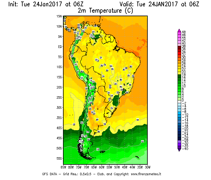 Mappa di analisi GFS - Temperatura a 2 metri dal suolo [°C] in Sud-America
							del 24/01/2017 06 <!--googleoff: index-->UTC<!--googleon: index-->