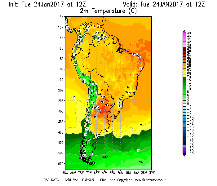 Mappa di analisi GFS - Temperatura a 2 metri dal suolo [°C] in Sud-America
							del 24/01/2017 12 <!--googleoff: index-->UTC<!--googleon: index-->