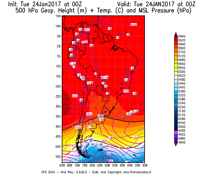 Mappa di analisi GFS - Geopotenziale [m] + Temp. [°C] a 500 hPa + Press. a livello del mare [hPa] in Sud-America
									del 24/01/2017 00 <!--googleoff: index-->UTC<!--googleon: index-->