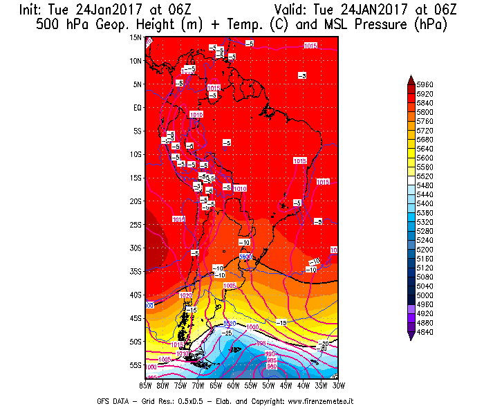 Mappa di analisi GFS - Geopotenziale [m] + Temp. [°C] a 500 hPa + Press. a livello del mare [hPa] in Sud-America
							del 24/01/2017 06 <!--googleoff: index-->UTC<!--googleon: index-->
