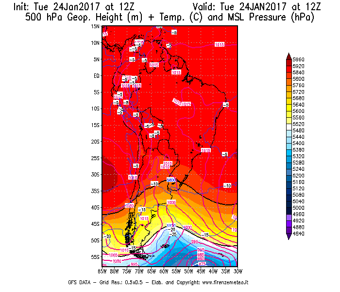 Mappa di analisi GFS - Geopotenziale [m] + Temp. [°C] a 500 hPa + Press. a livello del mare [hPa] in Sud-America
									del 24/01/2017 12 <!--googleoff: index-->UTC<!--googleon: index-->
