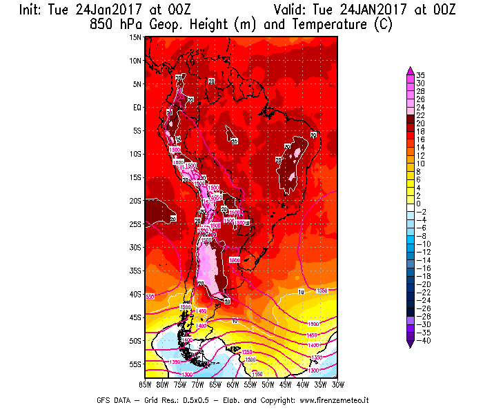 Mappa di analisi GFS - Geopotenziale [m] e Temperatura [°C] a 850 hPa in Sud-America
									del 24/01/2017 00 <!--googleoff: index-->UTC<!--googleon: index-->