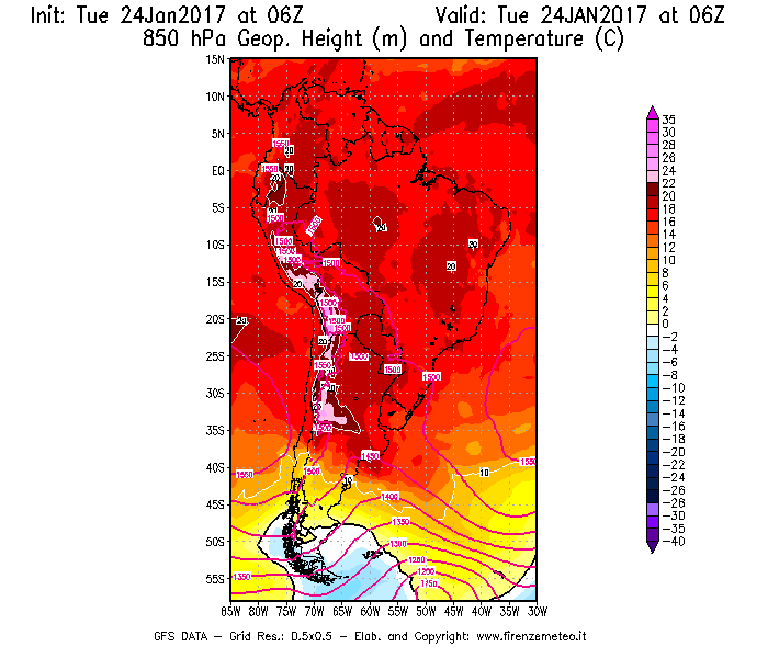 Mappa di analisi GFS - Geopotenziale [m] e Temperatura [°C] a 850 hPa in Sud-America
									del 24/01/2017 06 <!--googleoff: index-->UTC<!--googleon: index-->