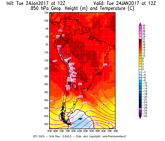 Mappa di analisi GFS - Geopotenziale [m] e Temperatura [°C] a 850 hPa in Sud-America
									del 24/01/2017 12 <!--googleoff: index-->UTC<!--googleon: index-->