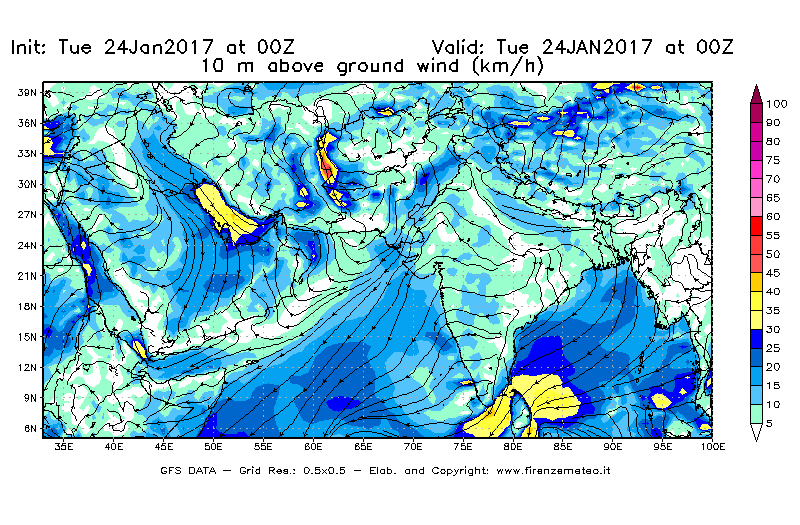 Mappa di analisi GFS - Velocità del vento a 10 metri dal suolo [km/h] in Asia Sud-Occidentale
							del 24/01/2017 00 <!--googleoff: index-->UTC<!--googleon: index-->