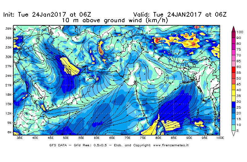 Mappa di analisi GFS - Velocità del vento a 10 metri dal suolo [km/h] in Asia Sud-Occidentale
									del 24/01/2017 06 <!--googleoff: index-->UTC<!--googleon: index-->