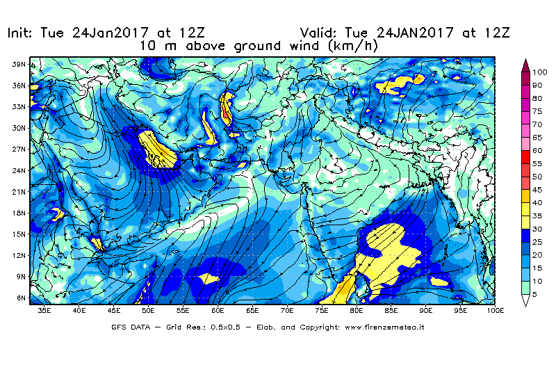 Mappa di analisi GFS - Velocità del vento a 10 metri dal suolo [km/h] in Asia Sud-Occidentale
							del 24/01/2017 12 <!--googleoff: index-->UTC<!--googleon: index-->