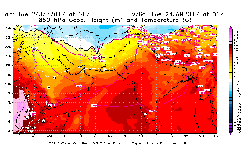 Mappa di analisi GFS - Geopotenziale [m] e Temperatura [°C] a 850 hPa in Asia Sud-Occidentale
							del 24/01/2017 06 <!--googleoff: index-->UTC<!--googleon: index-->