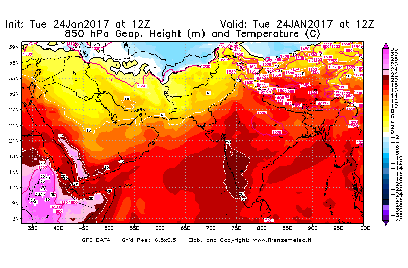 Mappa di analisi GFS - Geopotenziale [m] e Temperatura [°C] a 850 hPa in Asia Sud-Occidentale
									del 24/01/2017 12 <!--googleoff: index-->UTC<!--googleon: index-->