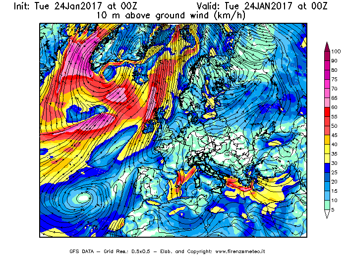 Mappa di analisi GFS - Velocità del vento a 10 metri dal suolo [km/h] in Europa
							del 24/01/2017 00 <!--googleoff: index-->UTC<!--googleon: index-->